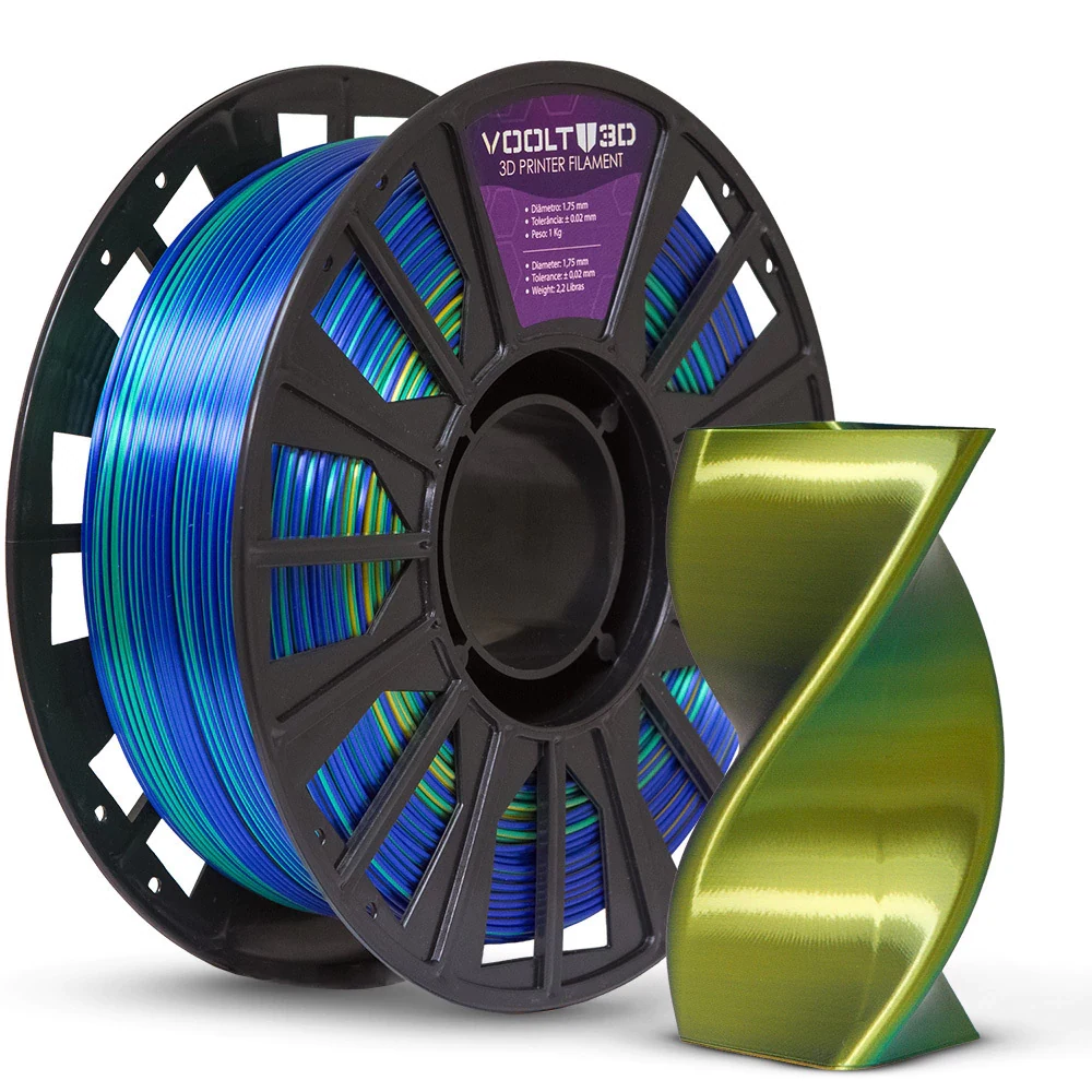 Rolo PLA Tri Azul Safira / Dourado / Verde V-Silk 1kg Alta Performance